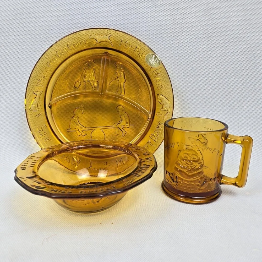 Vintage Amber Glass Nursery Rhyme Children’s Dishes Mother Goose Humpty Dumpty